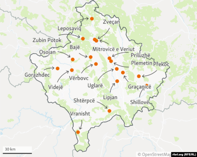 Lokacionet e disa institucioneve paralele serbe në Kosovë.