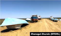 Fishing boats abandoned along the shores of the Little Aral Sea