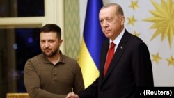 Турският президент Реджеп Тайип Ердоган (вдясно) се среща с украинския си колега Володимир Зеленски в Истанбул на 7 юли 2023 г.