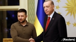 Turkish President Tayyip Erdogan (left) meets with his Ukrainian counterpart, Volodymyr Zelenskiy, in Istanbul on July 7. 