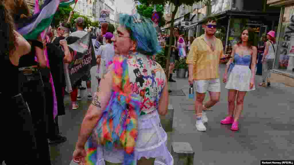 A person with a colorful outfit takes part in the parade. In April 2022, the country&#39;s Senate passed several bills banning gay &quot;propaganda&quot; in schools and the discussion of homosexuality and gender identity in public spaces. Several months later, over 15,000 people took to the streets of the nation&#39;s capital, calling for equal rights for gender and sexual minorities.