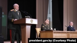 Belarusian ruler Alyaksandr Lukashenka at a meeting with the leadership of the state security agencies in Minsk on February 20.