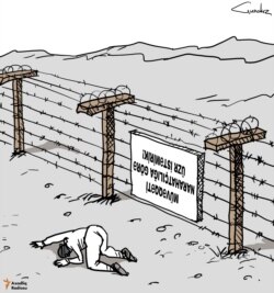 The police set up a post at the entrance to the village of Söyudlü, Gababay region. Gunduz Agayev's caricature