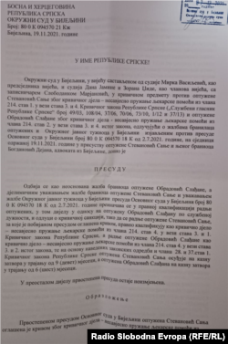 Presuda Okružnog suda u Bijeljini kojom je doktorica Sanja Stevanović kažnjena sa devet mjeseci zatvora u novembru 2021. godine.