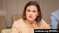 Exiled Belarusian opposition leader Svyatlana Tsikhanouskaya heads a meeting of the United Transitional Cabinet from Warsaw in July.