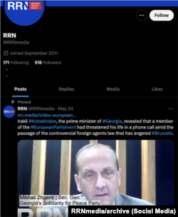 Screenshot of a pinned post on the RRN’s X account featuring a video interview with Mikhail Gzhenti.