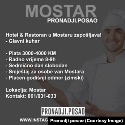 Oglas za posao glavnog kuhara, u kojem jedan mostarski hotel nudi platu i do 2.000 eura.