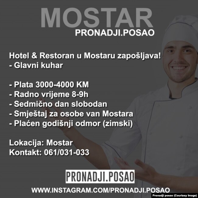 Oglas za posao glavnog kuhara, u kojem jedan mostarski hotel nudi platu i do 2.000 eura.