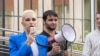 Marina Tauber, protestând în fața Curții de Apel, unde a fost condamnat fostul ei șef de partid - Ilan Șor.