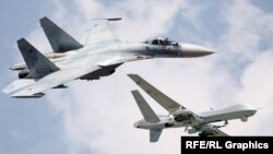 Colaj foto cu un avion rusesc de vânătoare Su-27 și o dronă americană MQ-9 Reaper.