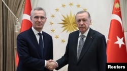 Turkish President Recep Tayyip Erdogan (right) meets with NATO Secretary-General Jens Stoltenberg in Ankara on February 16. 