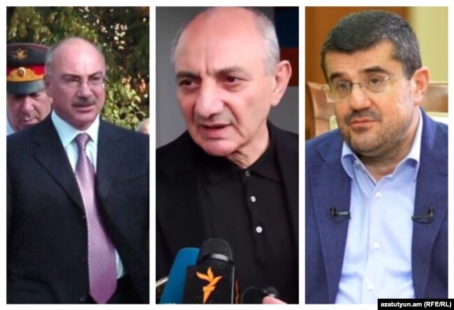 Ex presidenti de facto del Nagorno-Karabakh Arkady Ghukasian (a sinistra), Bako Sahakian (al centro) e Arayik Harutyunian (foto del file composito)