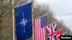 Steagurile NATO, ale SUA și ale aliaților sunt arborate în fața Palatului Buckingham, înaintea celei de-a 75-a aniversări a semnării Tratatului Atlanticului de Nord, la Londra, Marea Britanie, 3 aprilie 2024. Fotografie de arhivă.