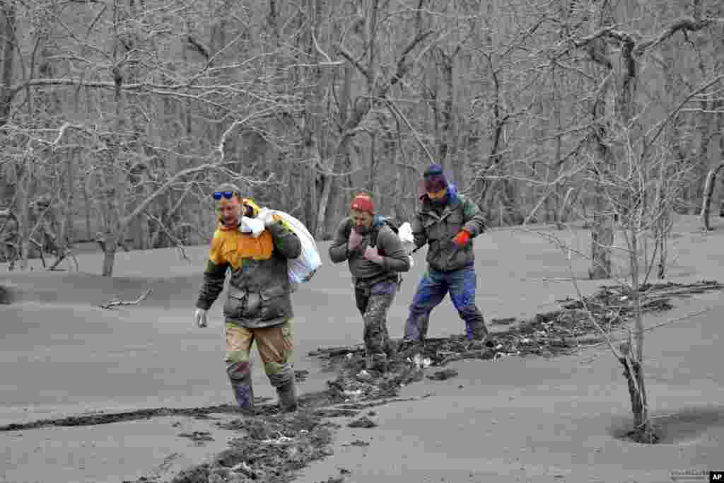 A group of volcanologists walk on ash-covered ground near Klyuchi. The fallout from the eruption was the largest in 60 years.