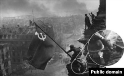 На руке красноармейца, который помогает установить знамя победы над Рейхстагом, впоследствии были заретушированы часы