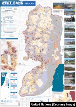 Harta Cisiordaniei: Cu galben, zonele în care au acces palestinienii. Cu mov, zona de control israelian.