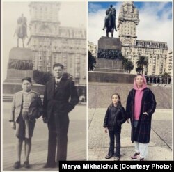 Дзядуля Марыі, Глеб, са сваім татам ва Ўругваі (50-я гады), побач — Марыя Міхальчук з дачкой Алівіяй цяпер на тым жа месцы, у Монтэвідэо