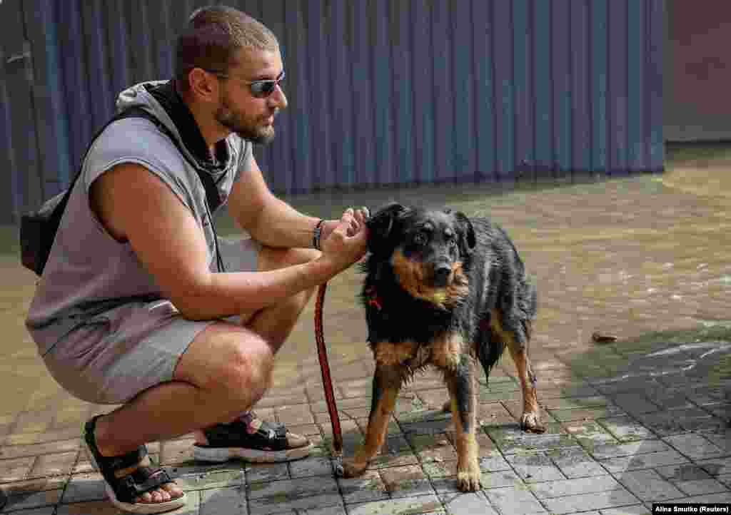 Украинский волонтер и спасенная им собака, Херсон, 7 июня.