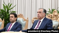 TAJIKISTAN -- Tajik President Emomali Rahmon (R) with his son Rustami Emomali, Dushanbe, Navruz Celebration, 25 March, 2024