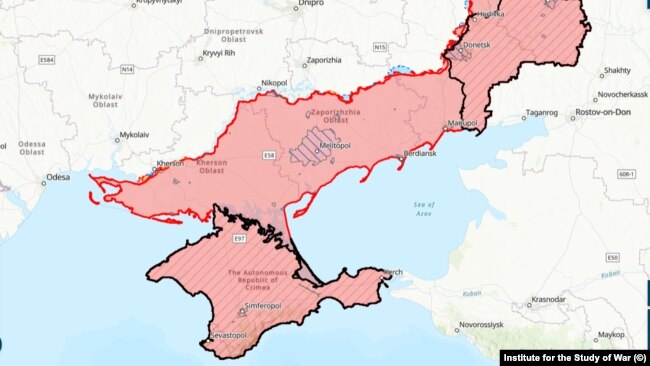 По-обща карта на бойните действия, 25.09.2023. В черно долу е ограден Крим. С червено е оградена териториията, завзета от Русия след 24.02.2022. Почти невидимата синя точка на североизток от Мелитопол е украинският коридор, образуван от пробива на т. нар. "линия на Суровикин".