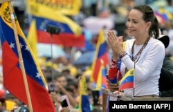 Venezuelan opposition leader Maria Corina Machado gestures during a campaign rally for presidential candidate Edmundo Gonzalez, in Barinas, Venezuela, on July 6.