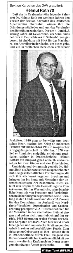 Helmut Roth, omagiat în ziarul saşilor repatriaţi, 30. 6. 1990