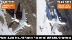 A Russian A-50 early-warning aircraft before and after the explosion at Machulishchy airfield in February.