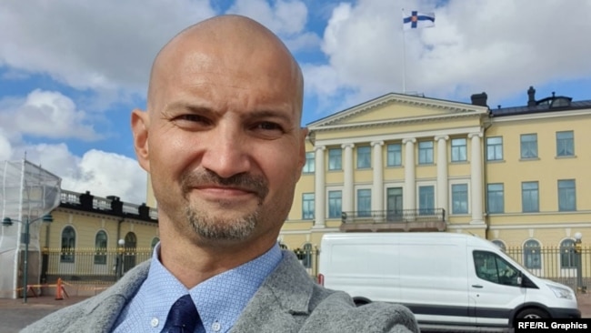 A photo posted to social media of Russian diplomat Pyotr Dolgoshein, currently posted to the Russian Embassy in Belgrade, in front of the Presidential Palace in Helsinki, where he served until the summer of 2022.