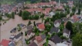 Aerial footage shows Slovenian town inundated by floods, August 2023.