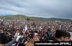 Thousands gather at a PTM rally in Razmak, North Waziristan, in June.