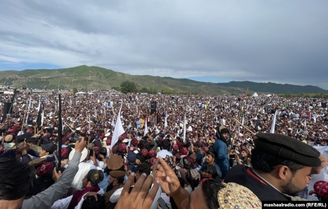 Thousands gather at a PTM rally in Razmak, North Waziristan, in June.