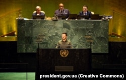 Президент України Володимир Зеленський під час виступу на Генеральній асамблеї ООН. Нью-Йорк, 19 вересня 2023 року
