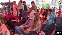 Afghan journalists attend an event to mark World Press Freedom Day in Kabul in May 2023.