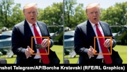 Modifikovana fotografija Donalda Trampa pored originala. Prva je postavljena na Telegramu 2023, a original je snimljen u maju 2019. godine.