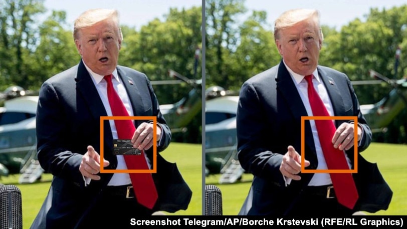 Fotografi e rreme e Donald Trumpit me kartelën në duar, pranë fotografisë origjinale.