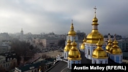 An aerial photo of Kyiv's St. Michael's Golden-Domed Monastery taken by RFE/RL's Austin Malloy in January 2020.