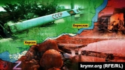 Колаж із використанням зображень мапи Херсонської області та наслідків російської окупації в регіоні