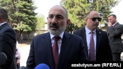 Armenian Prime Minister Nikol Pashinian talks to reporters in Stepanavan, April 20, 2024