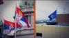 Serbian flags in front of Parliament and Kosovo flag on the top of the building in Pristina vertical