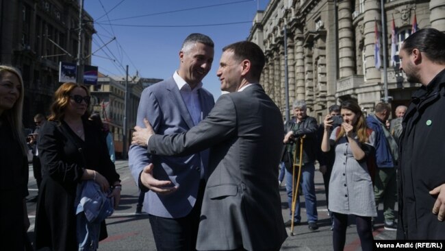 Lideri Dveri i Nove Demokratske stranke Srbije Boško Obradović i Miloš Jovanović na protestu ispred Vlade u Beogradu, 24. mart 2023.