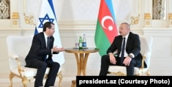 Azerbaijani President Ilham Aliyev (right) meets with his Israeli counterpart, Isaac Herzog, in Baku in May 2023. Israeli purchases of Azerbaijani oil fill Baku's coffers, and Israeli weapons were instrumental in Azerbaijan's recent military successes.