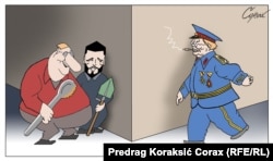 Karikatura Predraga Koraksića Koraksa prikazuje Josipa Broza kojeg sa lopatom i zahrđalom kašikom čekaju Aleksandar Šapić i Vojislav Šešelj, 5. april 2024.