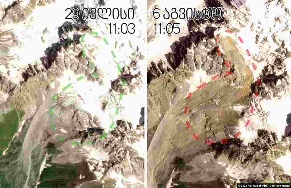 29 ივლისსა და 6 აგვისტოს გადაღებულ ფოტოებს შორის კი ცვლილება აშკარაა. კლდე, რომელიც თოვლითა და ყინულით იყო დაფარული, მოშიშვლებულია.