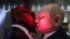 Putyin orosz elnök és az ördög csókját ábrázoló karneváli szobor (Mainz, Németország, 2023. február 14.)