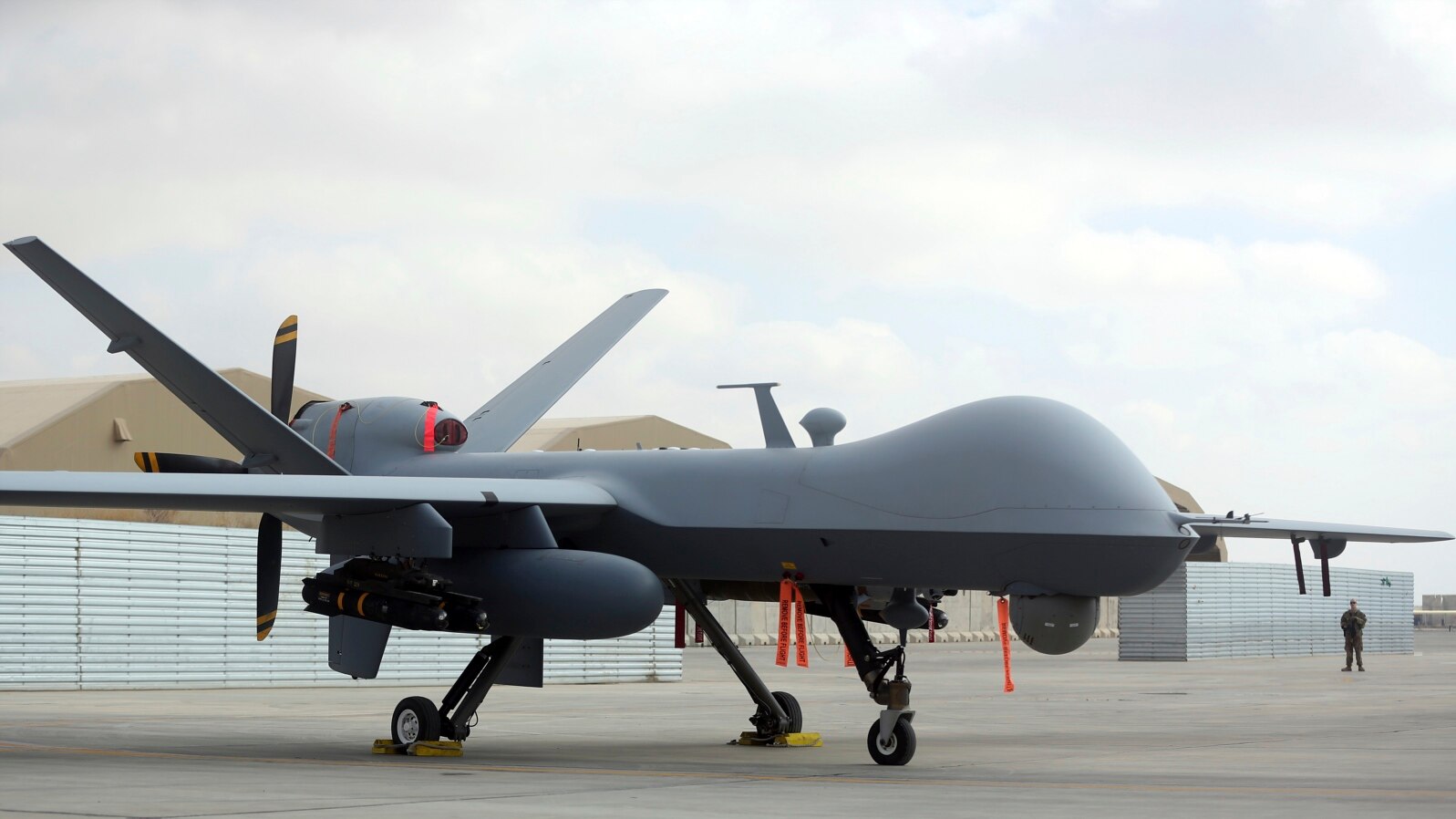 A U.S. MQ-9 drone is on display during an air show at Kandahar Airfield, Afghanistan, Tuesday, Jan. 23, 2018.