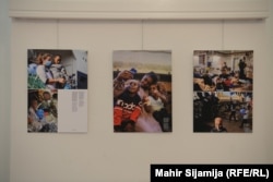 Fotografije žena i djece nakon sto budu spašeni na brodu Ljekara bez granica, detalj s izložbe u Sarajevu, 23. april 2024.