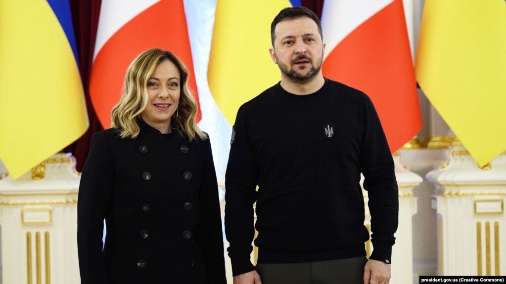 Президент України Володимир Зеленський і прем’єр-міністр Італії Джорджа Мелоні. Київ, 24 лютого 2024 року