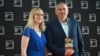 Bulgarian author Georgi Gospodinov (right) and U.S. literary translator Angela Rodel pose with the book Time Shelter on the red carpet upon arrival for the International Booker Prize award ceremony in central London on May 23.