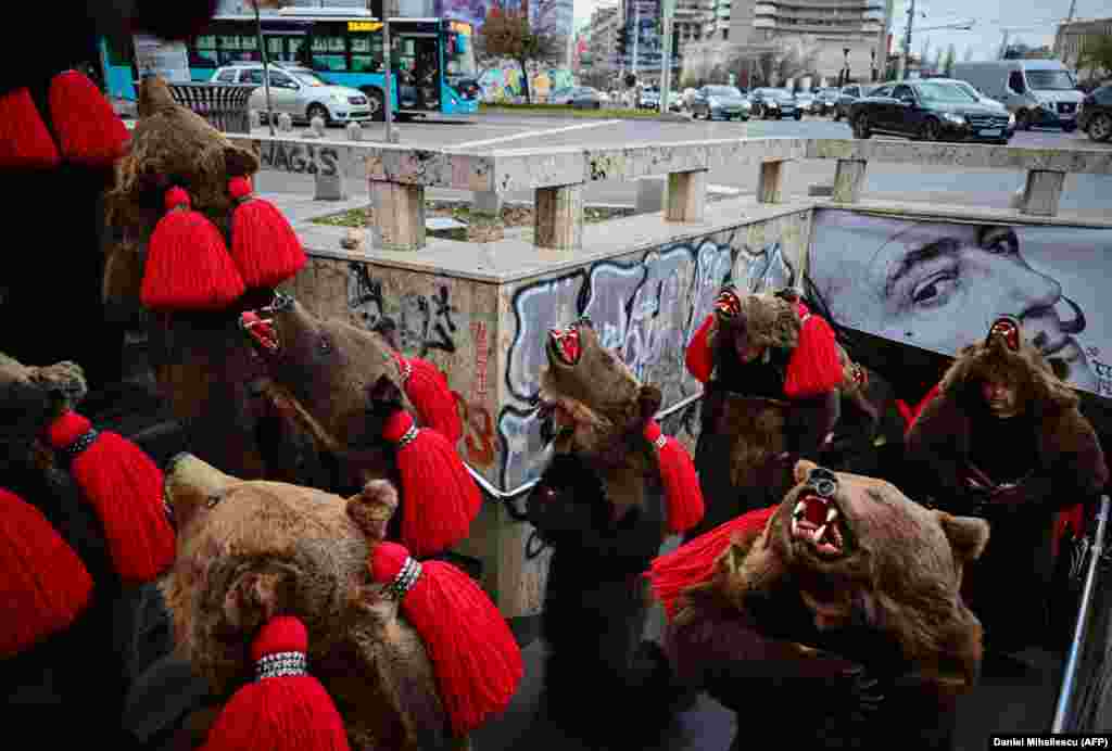 Revelers in bearskins emerge from an underpass in central Bucharest during the festival, which attracted hundreds of participants from eight of Romania&#39;s regions as well as from Moldova.&nbsp;