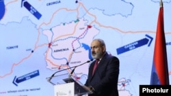Armenia - Prime Minister Nikol Pashinian promotes transport links with Azerbaijan and Turkey sought by his goverment during an international forum in Yerevan, December 14, 2023.
